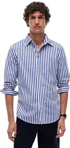 Tommy Hilfiger Uomo Camicia Flex Poplin Classic in Cotone, Multicolore (Wedge Blue/Stripe), XL