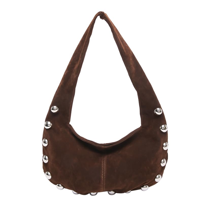 Women Suede Hobo Bag Studded Shoulder Bag Solid Color Slouchy Bag Trendy Handbag for Work Travel Shopping