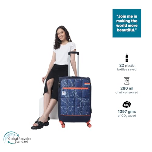 Image of uppercase Topolite 68 Cm Medium Polyester Soft-Sided 8 Spinner Check-In Trolley Bag Dust Resistant Eco-Soft Printed Luggage With Combination Lock, 2500 Days Warranty (Blue)