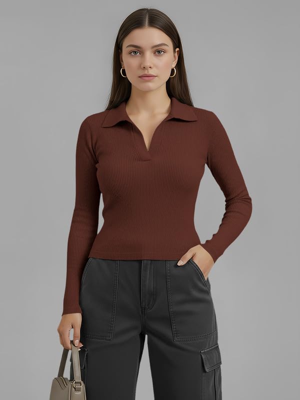 Image of Dream Beauty Fashion Women's Collared Neck Long Sleeve Slim Fit Casual Tee Top for Woman