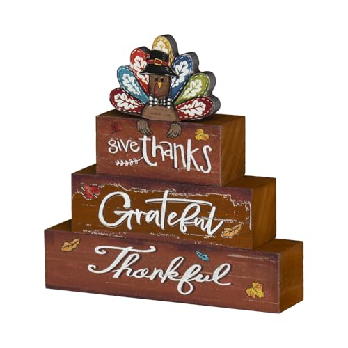 Smile Thanksgiving Decor Indoor Wooden Block Signs, Thankful Grateful Turkey