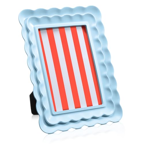 Image of Fiwochic 4 x 6 Blue Scalloped Picture Frame Wavy Edge Blue Resin Photo Frame Gift Decorative Scalloped Design for Tabletop Wall Hanging Display Home Decoration