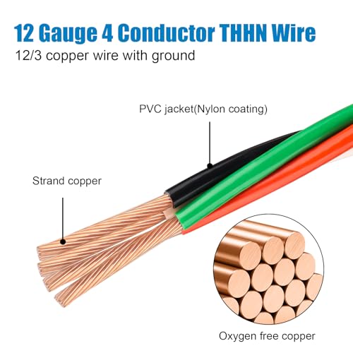 Image of THHN Wire 12 Gauge 150 FT 4 Conductors Copper Wire Black Red White Green, 12 /3 AWG Copper Wire with Ground 600V Building Wire Nylon Jacket for Residential, CNC, Ground, Industrial