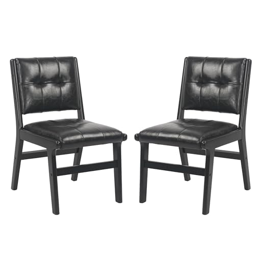 Image of KCC Modern PU Leather Dining Chairs Set of 2, Upholstered Kitchen Chairs with Solid Wood Legs and Comfortable Seat for Dining Room Lounge Bedroom(Black)