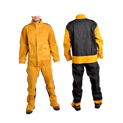 Veste de Soudage En Cuir, Pantalon, Veste de Soudeur En Cuir Résistant à La Flamme Costume, Salopette de Soudeur, équipement de Protection, Tablier de Soudager Résistant à La Chaleu, jaune, xl