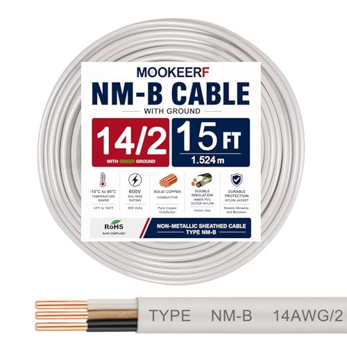 Image of 14 /2 Wire with Ground - 15FT 14 Gauge NM-B Non-Metallic Sheathed Cable 100% Pure Copper 14 AWG 2 Conductor Residential Indoor Wire for Outlets, Switches, Other Loads and Lighting Wiring Projects etc.