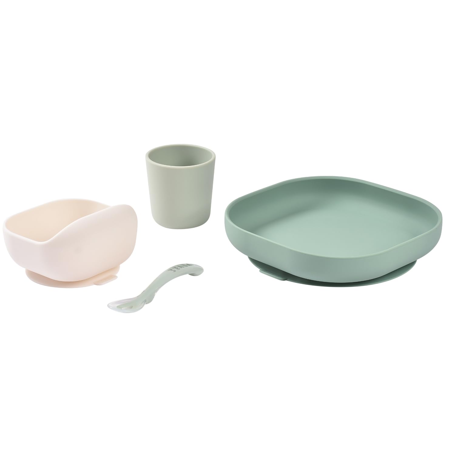 BÉABA, Set Vaisselle Silicone Repas Bébé, Avec Ventouse, Anti-dérapant, 4 Pièces, Assiette + Bol+ Verre + Cuillère, Silicone Saine et Durable, Compatible lave-vaisselle, Micro-onde, Vert Sauge