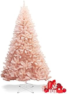 GYMAX 6FT/7FT Pink Christmas Tree, Full-bodied Artificial Tree with Metal Stand, Realistic X-mas Traditional Decoration Hinged Tree for Living Room, Doorway and Shop (6FT)