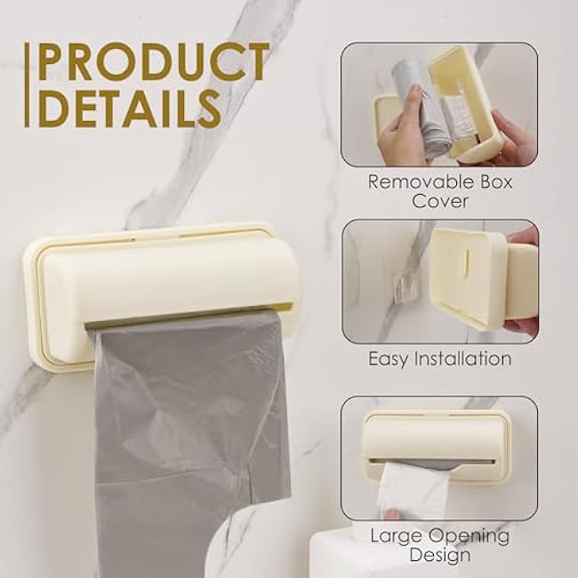 2 Pack Wall Mounted Garbage Bag Holders, No Drill Small Trash Bag Dispenser with Adhesive Buckles, Space-Saving Trash Bag Organizer for Kitchen and Bathroom (Beige)