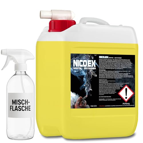 Optimal Products Nikotinentferner Nicoex I Nikotin Entferner Reiniger 2 5 L im Kanister I Ruß- & Nikotinreiniger I Entfernt Schmutz Fett & Wachs | Inklusive Mischflasche Zerstäuber + Auslaufhahn