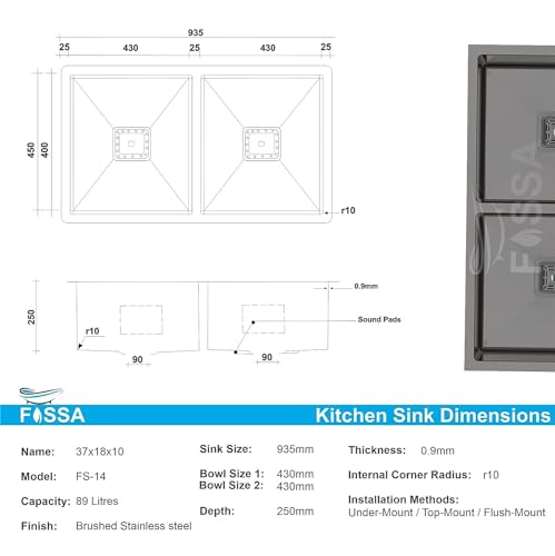 Image of Fossa 37 inchx18 inchx10 inch Double Bowl Premium Handmade Stainless Steel Kitchen Sink | Deep Bowl, Scratch-Resistant, Rust-Proof Modular Sink for Home Kitchen - Black (Matte Finish)
