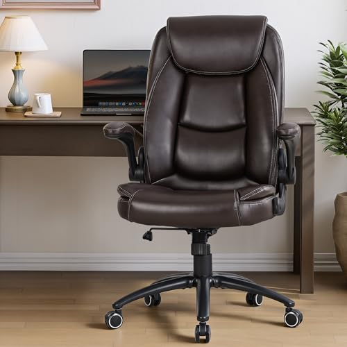 Image of 300lbs Capacity Executive Desk Chair Set of 2 with Ergonomic Lumbar Support, Flip-up Arms & High Back Leather Computer Chair for Home /Office, Brown