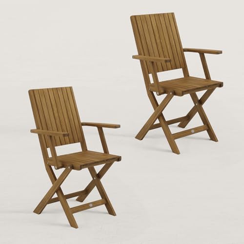 JJ. Juego de 2 sillas plegables de jardín de madera con reposabrazos junio cómodo con reposabrazos, cojín de silla opcional, silla plegable 100% madera natural claro
