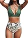 CUPSHE Femme Bikini Set Ensemble Festonné Col V Maillot de Bain2 Pièces Taille Haute Floral Froncé Ventre Contrôle Swimsuit Vert S