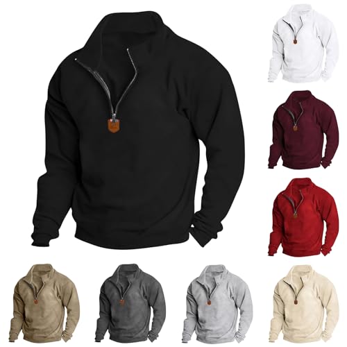 Mens Casual Fleece Pullover Sweatshirt Half Zip Stand Collar Sweatshirts Solid Color Long Sleeve Polo Shirt Warm Tops3