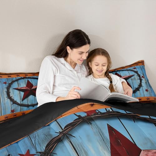 Image of Red Western Texas Star Bedding Set Rural Country Farmhouse Comforter Set for Kids Boys Girls Rustic Wooden Board Comforter Vintage Brown Blue Duvet Set Room Decor Quilt Set Twin Size