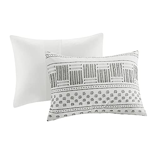 Cotton Farmhouse Comforter Set, King Size Bedding Sets, Dual-Sided Neutral Modern Design, With Boho Style Clipped Jacquard Stripes 3-Pieces /W Matching Pillow Shams (104X90 Inches, White/Charcoal) #TOP4