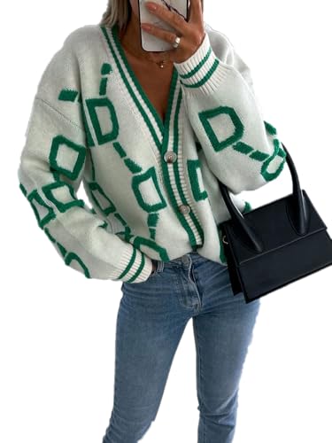 Image of Autumn Winter Style Woman Blouse Knitted Cardigan Slim Fitting Long Sleeved V-Neck Printed Cardigan Jacket Sweater
