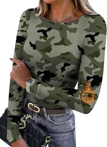 WIHOLL Womens Long Sleeve Tops Dressy Casual Crew Neck Underscrub Underwear Thermal Shirts Fall Clothes 2025 Slim Fit Winter Outfits Ladies Tops and Blouses Camouflage M