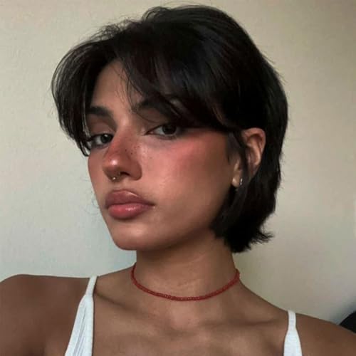 Adette 6 Inch Real Human Hair Wig for Women - Glueless Mullet & Wolf Cut Style Natural Black Curly Wave Texture Layered Pixie Cut with Bangs 180% Density