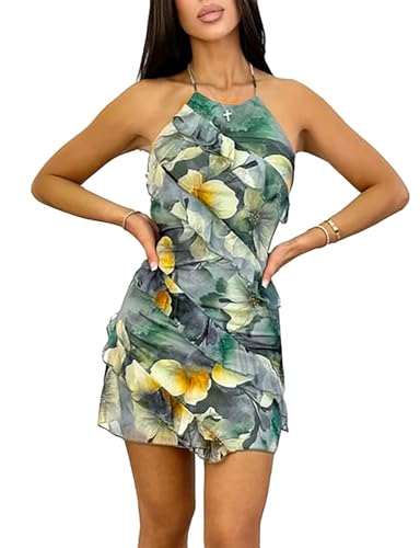 Image of Yuopeid Women's Sexy Halter Neck Backless Printed Mini Dress Floral Layered Ruffle Bodycon Short Party Dress