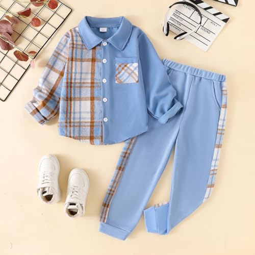 Image of Boy Clothes Fall Winter Outfits Long Sleeve Plaid Patchwork Button Down Shirt + Casual Pocket Sweatpants 5-14 Years