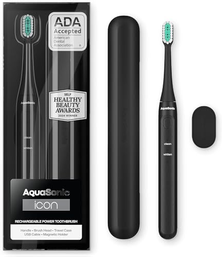 Image of Aquasonic Icon ADA-Accepted Rechargeable Toothbrush | Magnetic Holder & Slim Travel Case | 2 Brushing Modes & Smart Timers | Gentle Micro-Vibrations(Onyx)