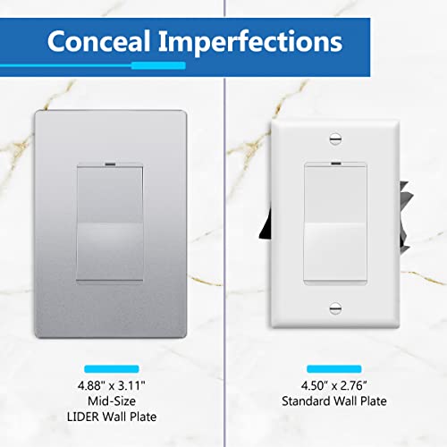 Image of LIDER Decorator Switch Cover, Screwless Wall Plate, Mid-Size 1-Gang 4.88 inch x 3.11 inch, LSWP-31M-SV, UL Listed, Thermoplastic, Matte Silver, 1-Pack