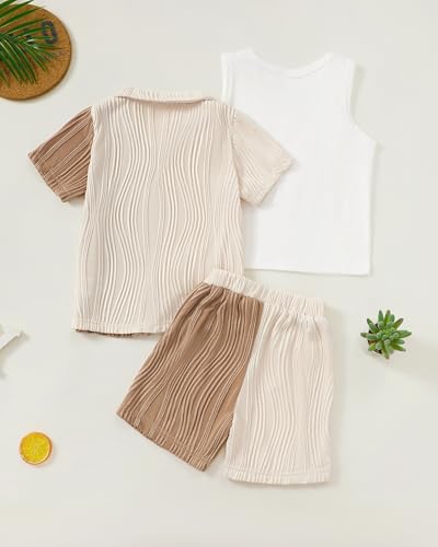 Image of Toddler 4t Boy Clothes Short Sleeve Button Down Shirt And Shorts With Vest Summer Beach 5t Boy Outfits Fashion Color-Blocked Beige And Brown Causal Kid Clothing Set