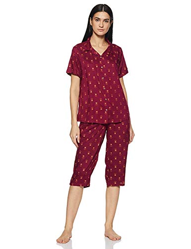 Image of Longies Women's Rayon Pyjama Night Suit Regular Capri Set ((LGRCSSY012 Red Small) S)