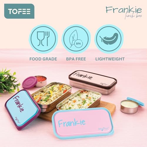 Image of TOFEE Small Frankie Stainless Steel Lunch Box with 1 Small Box Compact Design Airtight Leak Proof Lunch Box for Office, School, Picnic,Lunch Box for Kids,School,Girls,Boys (Baby Peach)