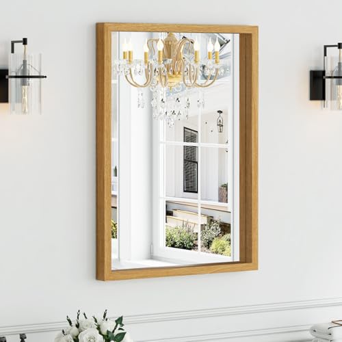 Image of Syndra Natural Wood Frame Bathroom Mirror, 22x30'' Modern Vanity Mirror for Wall, Waterproof Slim Deep Frame, Rectangular HD Tempered Glass Mirror for Living Room, Bedroom, Entryway, Rustic, Farmhouse