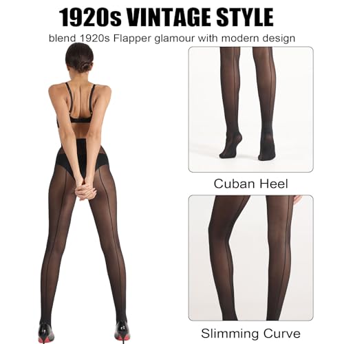 HONENNA Backseam Sheer Tights for Women T Crotch Cuban Heel Black Pantyhose 20D Control Top Stockings4