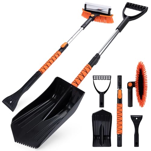 TONDA Snow Brush and Ice Scraper for Car Windshield, 180° Rotating Brush with Squeegee, Extendable Handle with Foam Grip, Snow Shovel for Cars, Trucks & SUVs, Orange