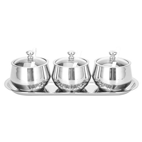 Glomora 3Pcs Stainless Steel Seasoning Box, Condiment Jar Set Spice Jar Spice Rack Condiment Cruet Bottle Salt Pepper Sugar Storage Organizers with with Tempered Glass Lid & Spoon