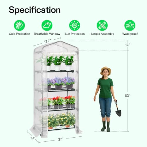 Image of VIVOSUN Mini 4-Tier Greenhouse with Wheels, 27 x 19 x 63-Inch Reusable Portable Warm House with White PE Cover and Shelf for Compact Garden and Small Backyards, with Wheels