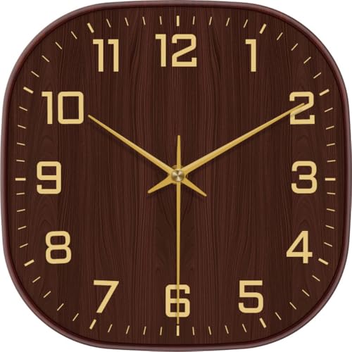 Image of STAR WORK 12 inch Inch Square Silent Non-Ticking Quartz Movement Wall Clock with Analog & Digital Display | Easy-to-Read Numbers | Modern Design for Living Room, Bedroom or Office (Walnut - Gold)