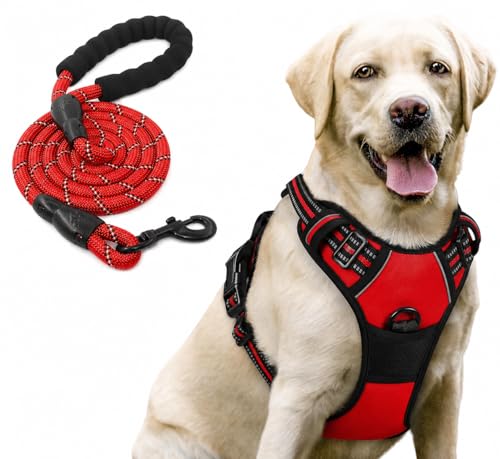 Image of Lyrovo Adjustable No-Pull Dog Harness with Leash Set for Small, Medium & Large Dogs - Reflective, Breathable, Comfortable Vest Harness for Training & Walking (Red, XL (35-60Kg))