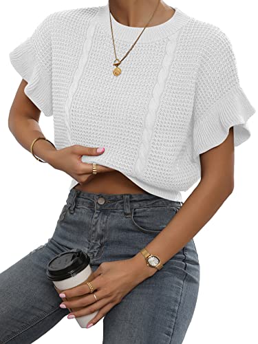 Verdusa Women's Ruffled Short Sleeve Round Neck Knitted Crop Top Pullovers Sweater White M #TOP2