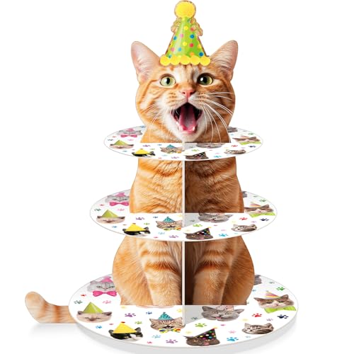 Weysat Cat Cupcake Stand Orange Cat Birthday Decorations Kitty Cup Cake Stand Dessert Tower Holder 3 Tier for Cake Cupcake Toppers Liners Kitten Themed Birthday Party Table Decor Baby Shower Favors