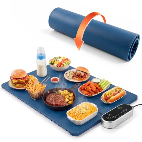 Warming Mat for Food & Food Warming Mat - 6-Temp 4-Hour Timer Electric Silicone Mat, Portable Warmer for Buffet, Party & Family Dining, 24"x15.7",Blue