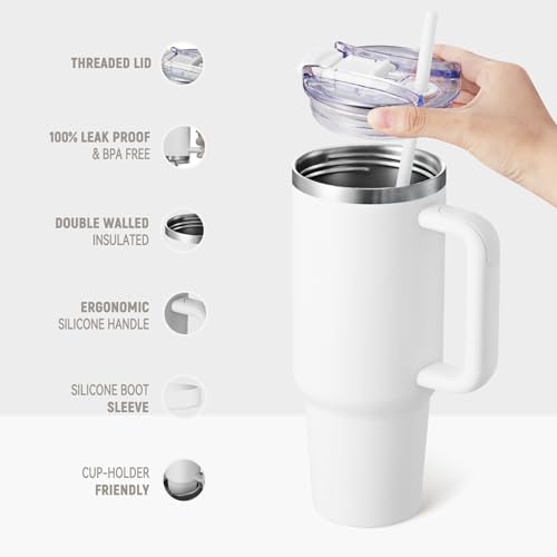 Image of COKTIK 40 oz Tumbler With Handle and Straw Lid, Vacuum Insulated Travel Coffee Mug Stainless Steel Insulated Cup for Beverages, Leak-proof, Cupholder Friendly (Snow)
