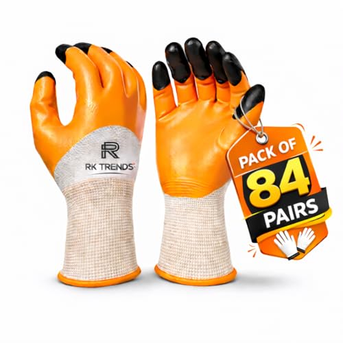 Image of Safety Gloves - Nylon Nitrile Coated Industrial & Home Cut Resistant Hand Gloves. (Orange (Double Coated), Pack of 84 Pairs)