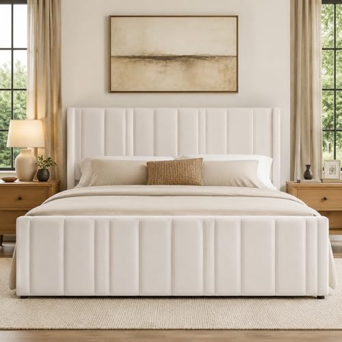 HOMBCK Full Bed Frame Upholstered Bed with Vertical Channel Tufted Headboard & Footboard/Wooden Slats/No Box Spring Needed/Easy Assembly, Cream