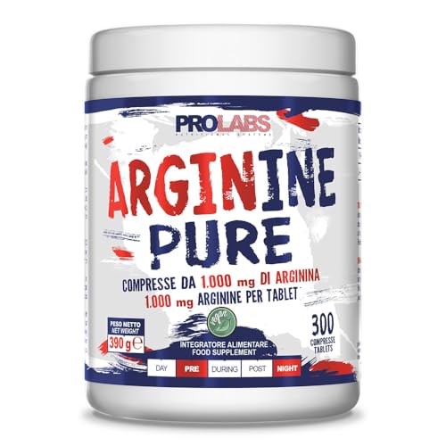 PROLABS – Arginina Arginine Pure (1000mg x Compressa) ad Alto Dosaggio, Integratore di Pura L-Arginina di Alta Qualità Pre Workout, Supporta GH e Pump Muscolare - Integratori 100% Vegan, 300 Compresse