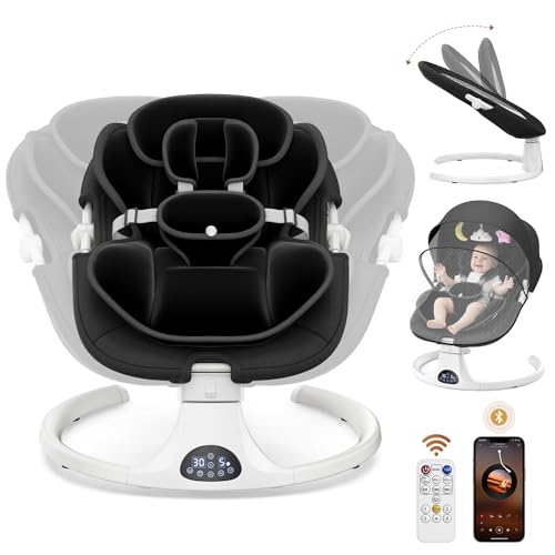 Hamaca eléctrica Bebe con arnés de 5 puntos, 5 modos de balanceo, temporizador de 3 niveles, mando a distancia y música, se puede utilizar en interiores y exteriores (negro)