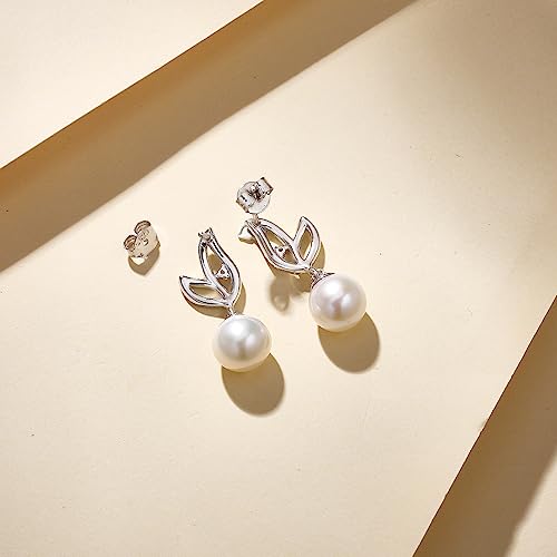 FANCIME Pearl Earrings 925 Sterling Silver Leaf Pearl Stud Earrings Dangle Earrings with Genuine Quality 8.5-9mm Freshwater Cultured Pearls Fine Pearl Jewelry for Women 6
