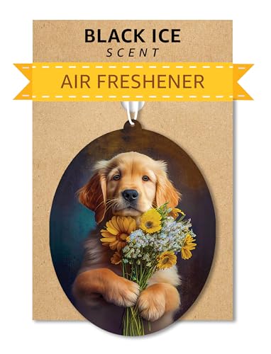 Image of Golden Retriever - Dog Car Air Freshener - Cute Hanging Dog With Flowers Decor Black Ice Scent, Infusible with Your Own Scent, Pet Safe, Non-Toxic, Freshener for Car, Closet, Office Size - 3x4 inch