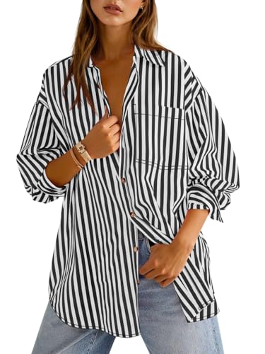 Cicy Bell Womens Oversized Striped Button Down Shirts Boyfriend Long Sleeve Collared Work Blouses
