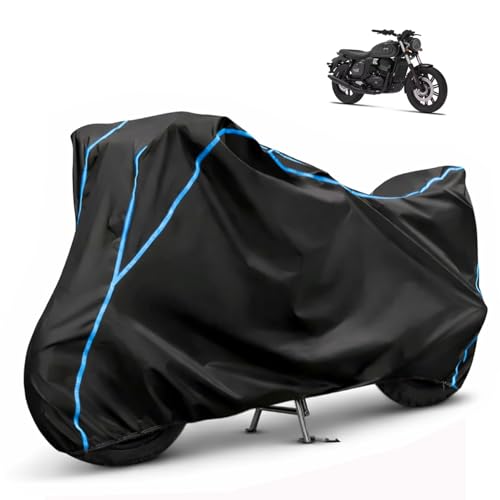 Image of Compatible with Jawa 42 FJ Waterproof Two Wheeler Bike Body Cover Water Resistant, Heavy Duty, UV Rays, Dust & Scratch Protection for All-Modal & Variants (Black,Sky Blue Piping)